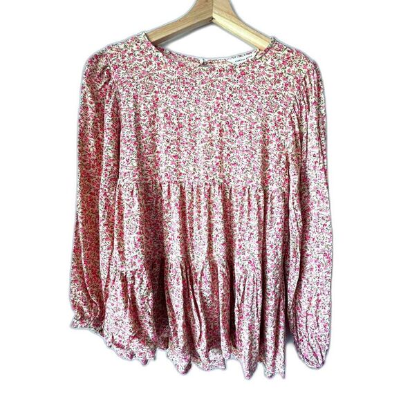 Romantic floral long sleeve fresh color open back blouse button top women XS - Picture 1 of 10